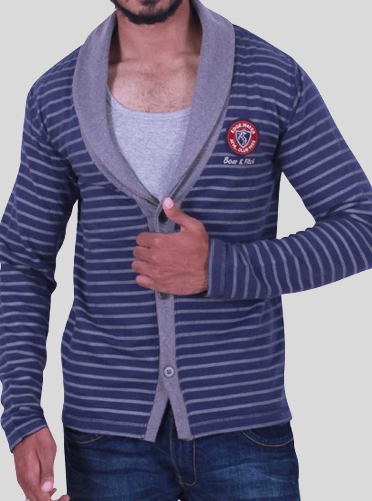 Navy Striped Shawl Collar Cardigan for Men – Stylish Knitwear by Boer and Fitch