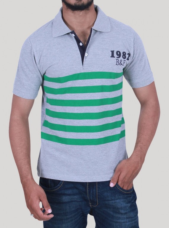 Green Stripe Collar Polo TShirt