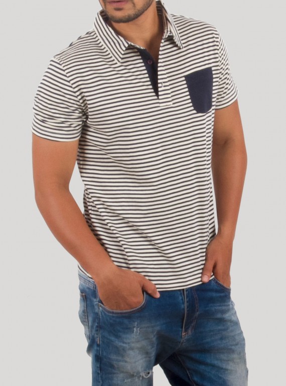 Grey Stripe Self Collar Polo TShirt