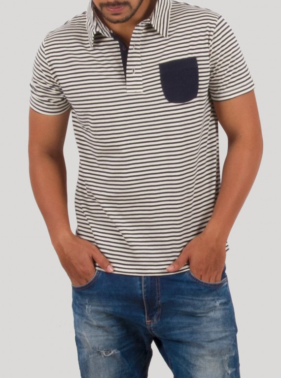 Grey Stripe Self Collar Polo TShirt