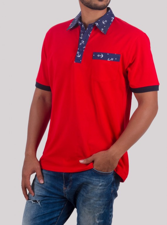 Red Anchor Print Collar Polo TShirt