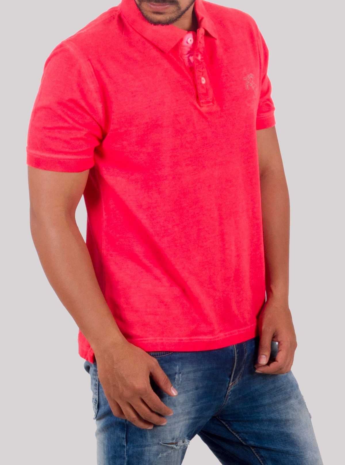 coral color polo shirt