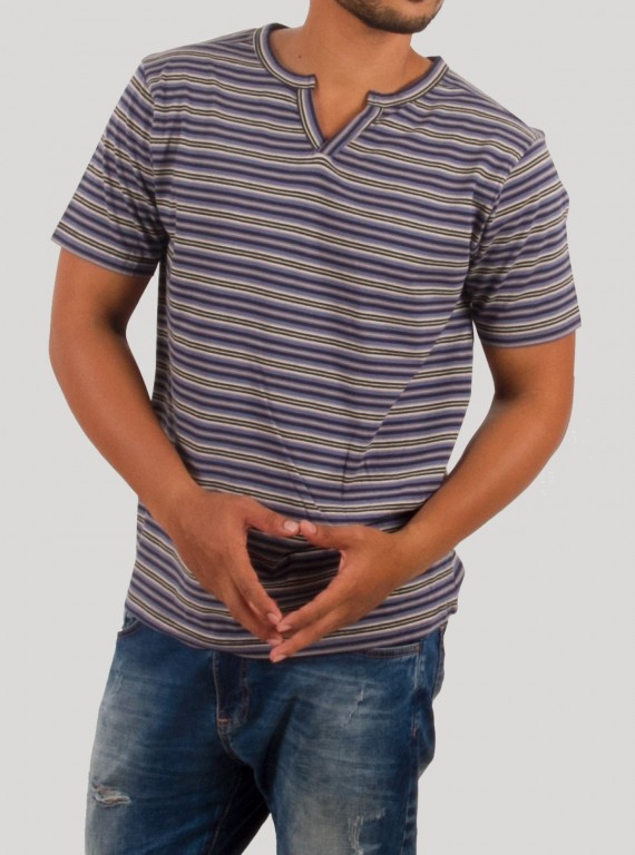 Grey Stripe Split Neck T-Shirt for Men – Casual Cotton Tee by Boer and Fitch