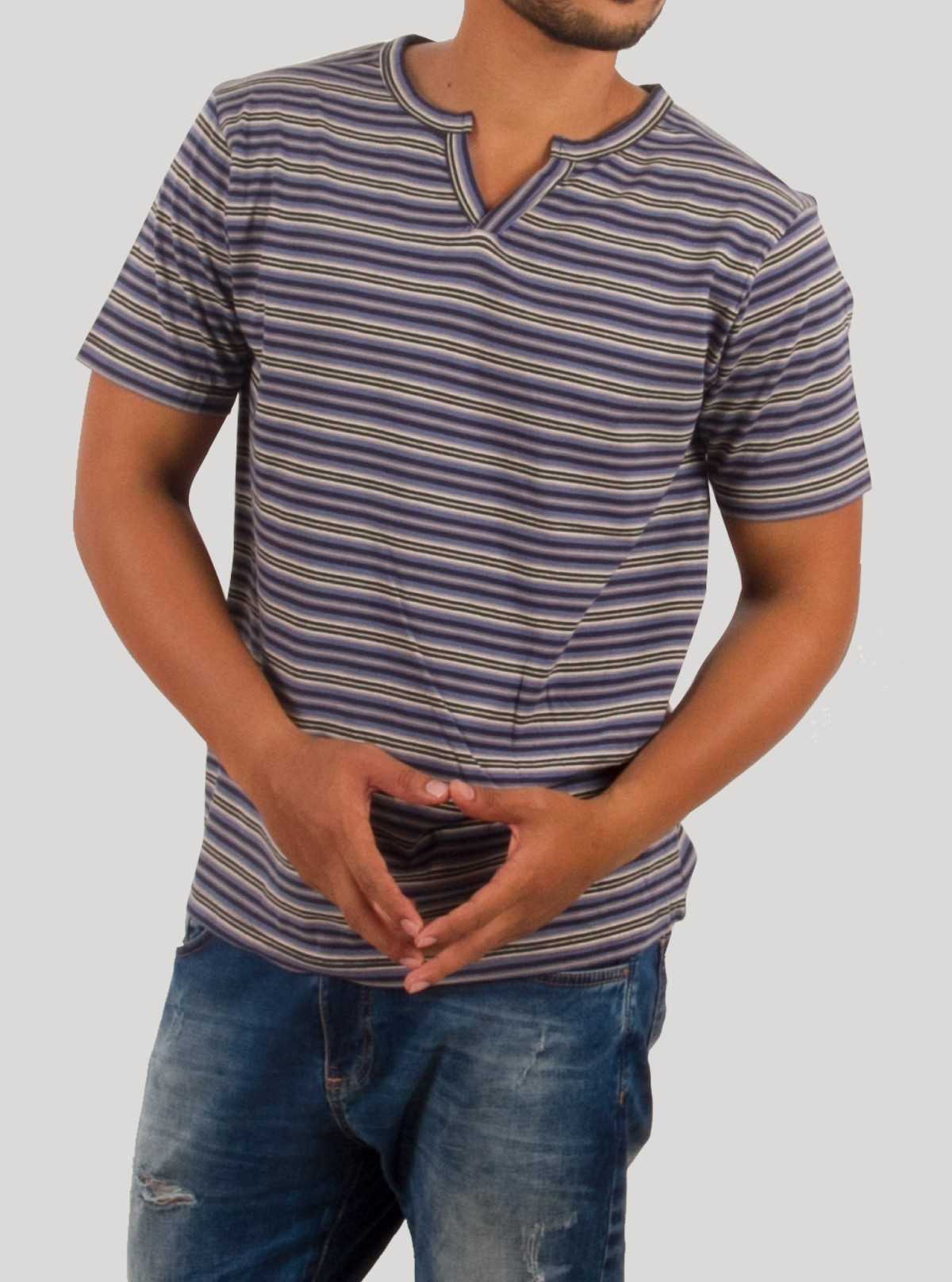 Grey Stripe Split Neck T-Shirt for Men – Casual Cotton Tee by Boer and Fitch