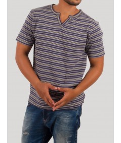 Grey Stripe Split Neck T-Shirt for Men – Casual Cotton Tee by Boer and Fitch