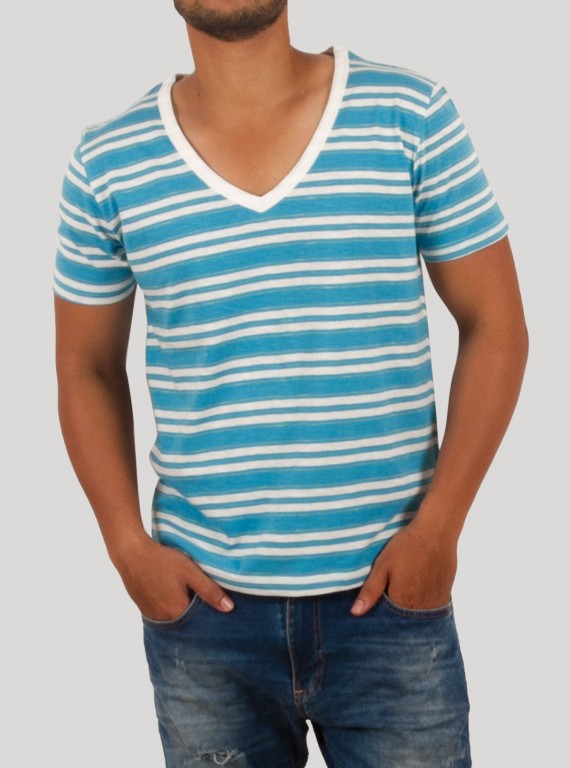 Light Blue Striped V-Neck T-Shirt for Men – Boer and Fitch
