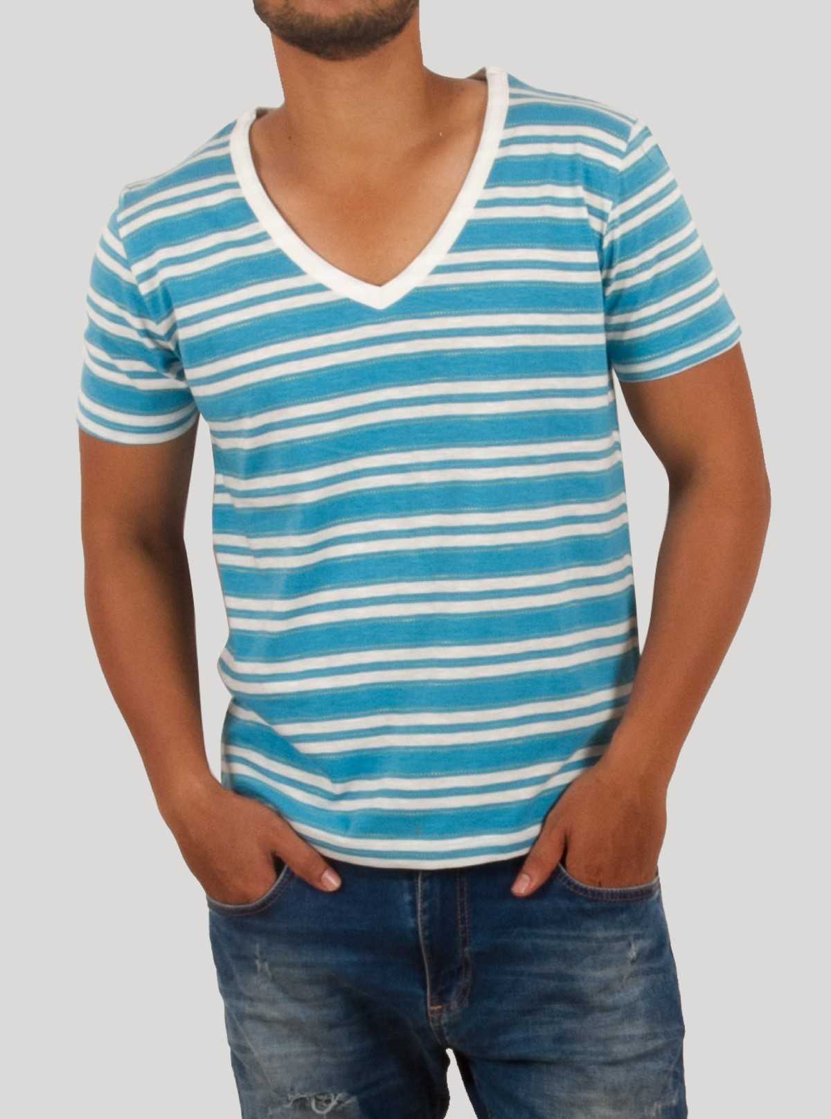 Light Blue Striped V-Neck T-Shirt for Men – Boer and Fitch