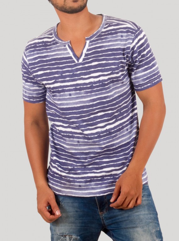 Blue Symmetrical Stripe Split Neck T-Shirt for Men – Boer and Fitch