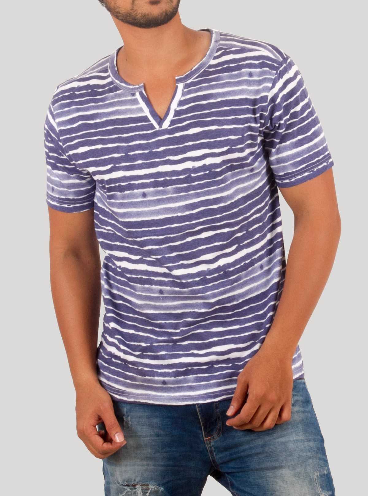 Blue Symmetrical Stripe Split Neck T-Shirt for Men – Boer and Fitch