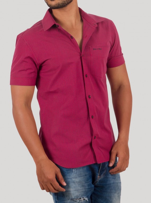 Men’s Red Checkered Short Sleeve Cotton Shirt – Casual Style by Boer and Fitch