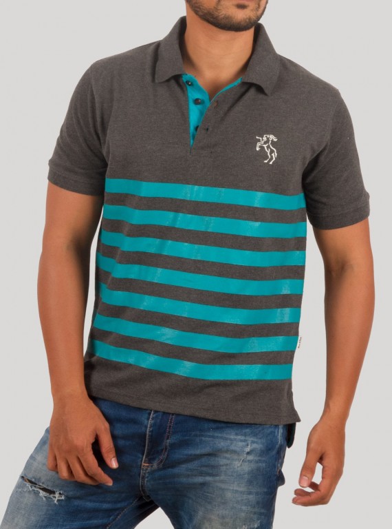 Dark Melange Turquoise Striped Polo T-Shirt for Men – Boer and Fitch