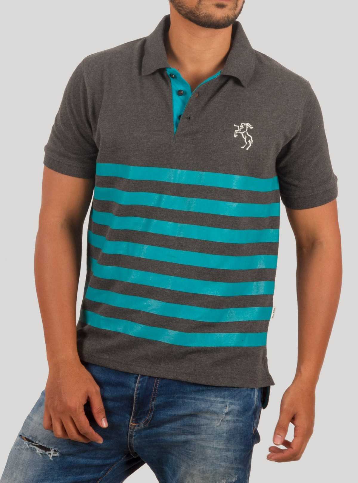 Dark Melange Turquoise Striped Polo T-Shirt for Men – Boer and Fitch