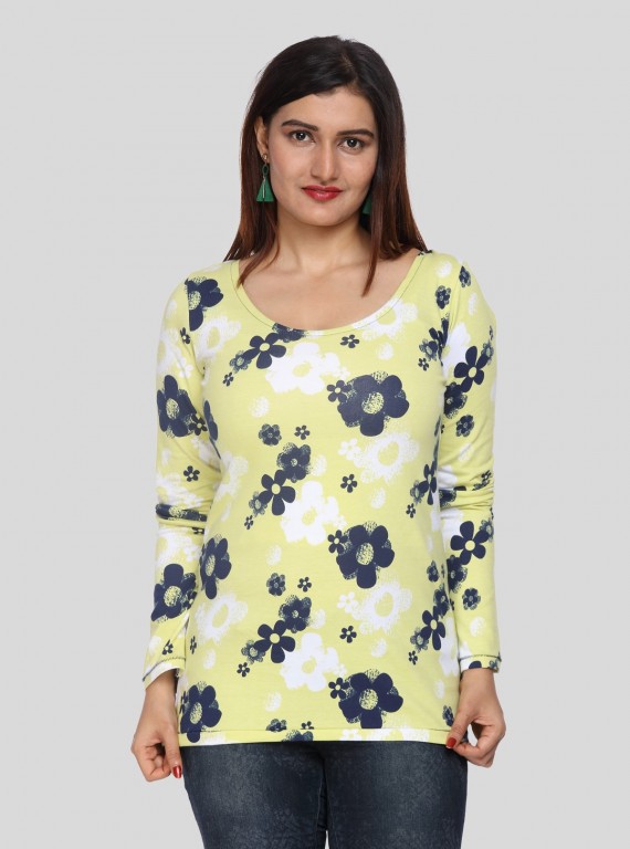 Women's Yellow Floral Print Scoop Neck Long Sleeve Top in Cotton Jersey