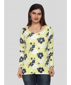 Women's Yellow Floral Print Scoop Neck Long Sleeve Top in Cotton Jersey