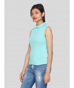 Blue Roll On Neck Sleeveless Top