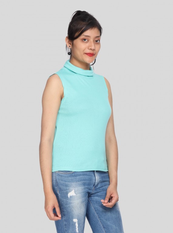 Blue Roll On Neck Sleeveless Top