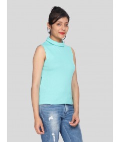Blue Roll On Neck Sleeveless Top