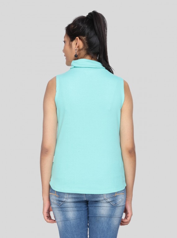 Blue Roll On Neck Sleeveless Top