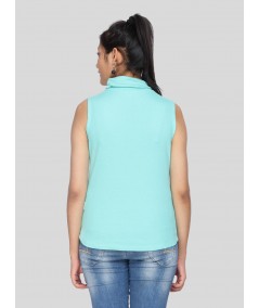 Blue Roll On Neck Sleeveless Top
