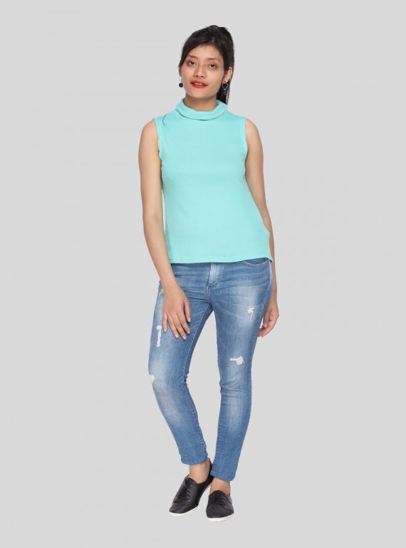 Blue Roll On Neck Sleeveless Top