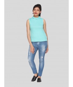 Blue Roll On Neck Sleeveless Top