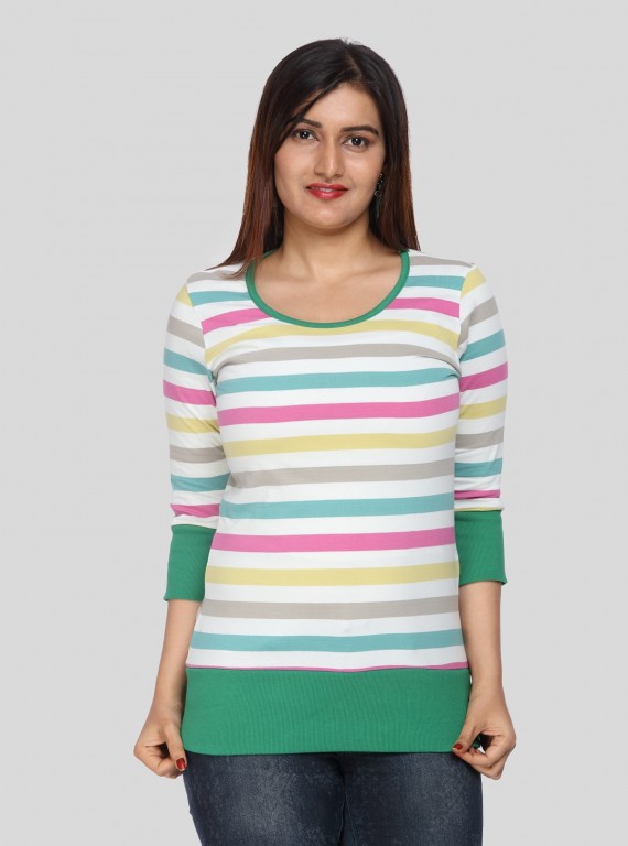 Women’s Green Ribbed Striped Cotton Jersey Top with 3/4th Sleeves | Boer & Fitch