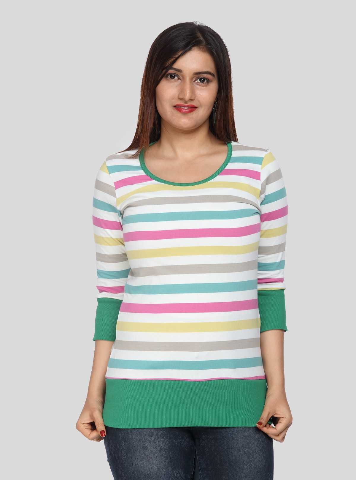 Women’s Green Ribbed Striped Cotton Jersey Top with 3/4th Sleeves | Boer & Fitch
