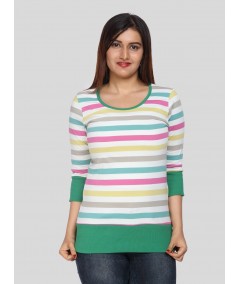 Women’s Green Ribbed Striped Cotton Jersey Top with 3/4th Sleeves | Boer & Fitch
