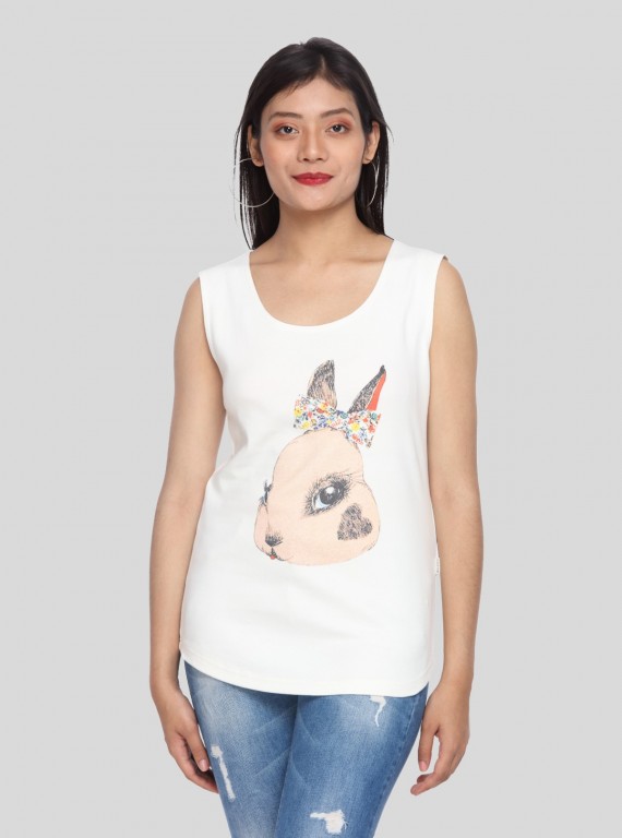 Women’s Cute Rabbit Print White Sleeveless Top – Stylish & Comfortable by Boer and Fitch