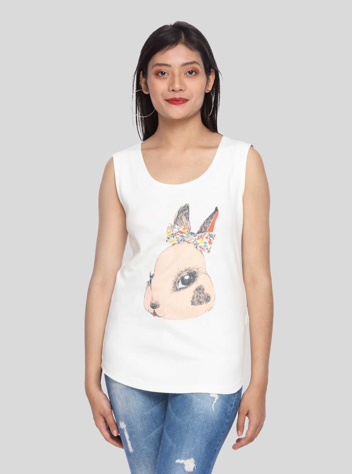 Women’s Cute Rabbit Print White Sleeveless Top – Stylish & Comfortable by Boer and Fitch