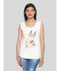 Women’s Cute Rabbit Print White Sleeveless Top – Stylish & Comfortable by Boer and Fitch