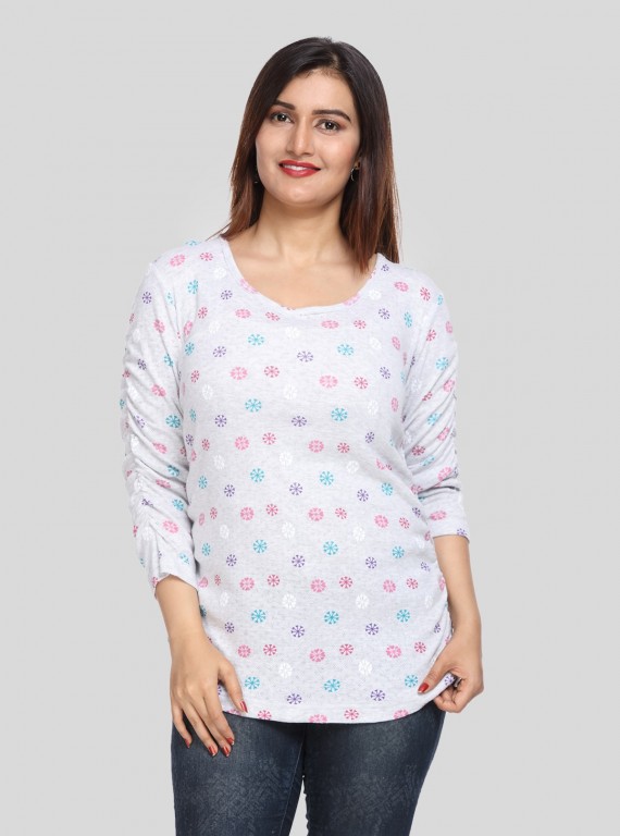Women's White Melange Scoop Neck Printed Rib Knit Top with Pleated Sleeves