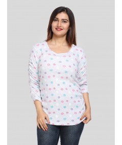 Women's White Melange Scoop Neck Printed Rib Knit Top with Pleated Sleeves