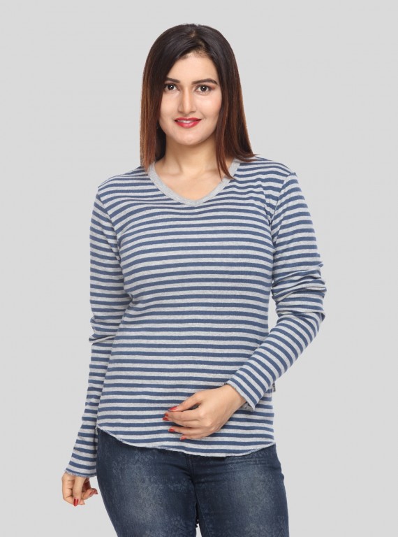 Women’s Grey Melange Striped Long Sleeve Cotton Jersey Top | Boer & Fitch