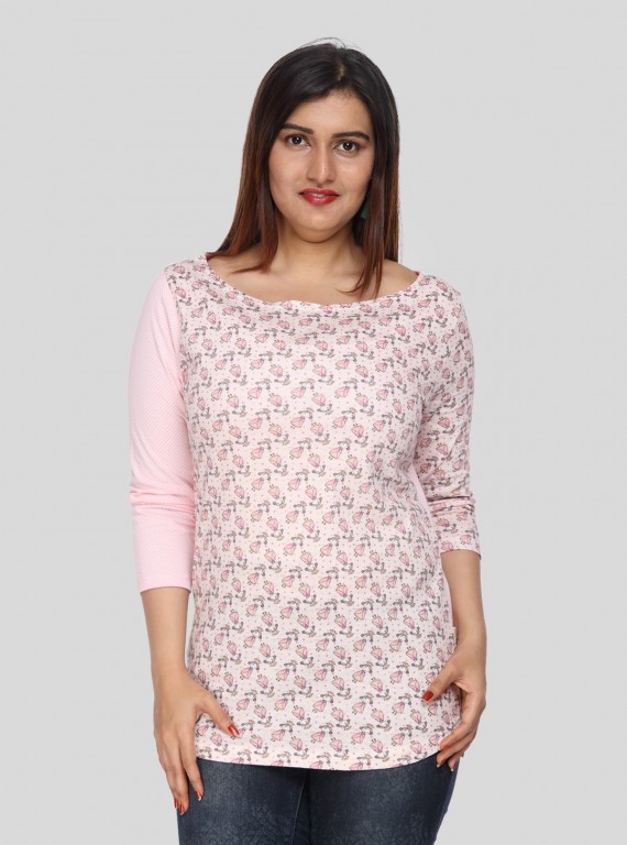 Women's Pink Scoop Neck Doll Print Top with Contrast Long Sleeves