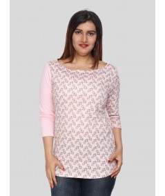 Women's Pink Scoop Neck Doll Print Top with Contrast Long Sleeves