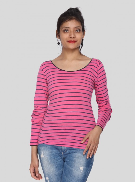 Women’s Fuchsia Striped Printed Long Sleeve Cotton Knit Top | Boer & Fitch