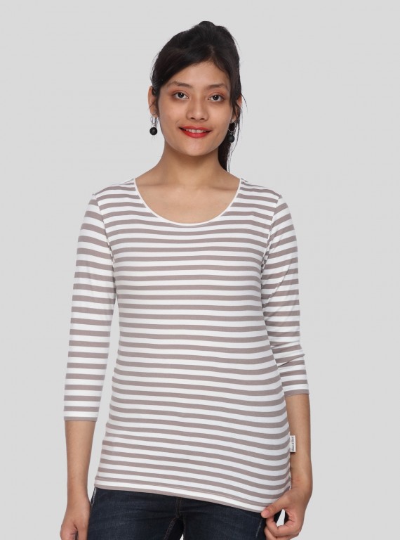 Women's Brown Scoop Neck Striped Long Sleeve Cotton Jersey Top