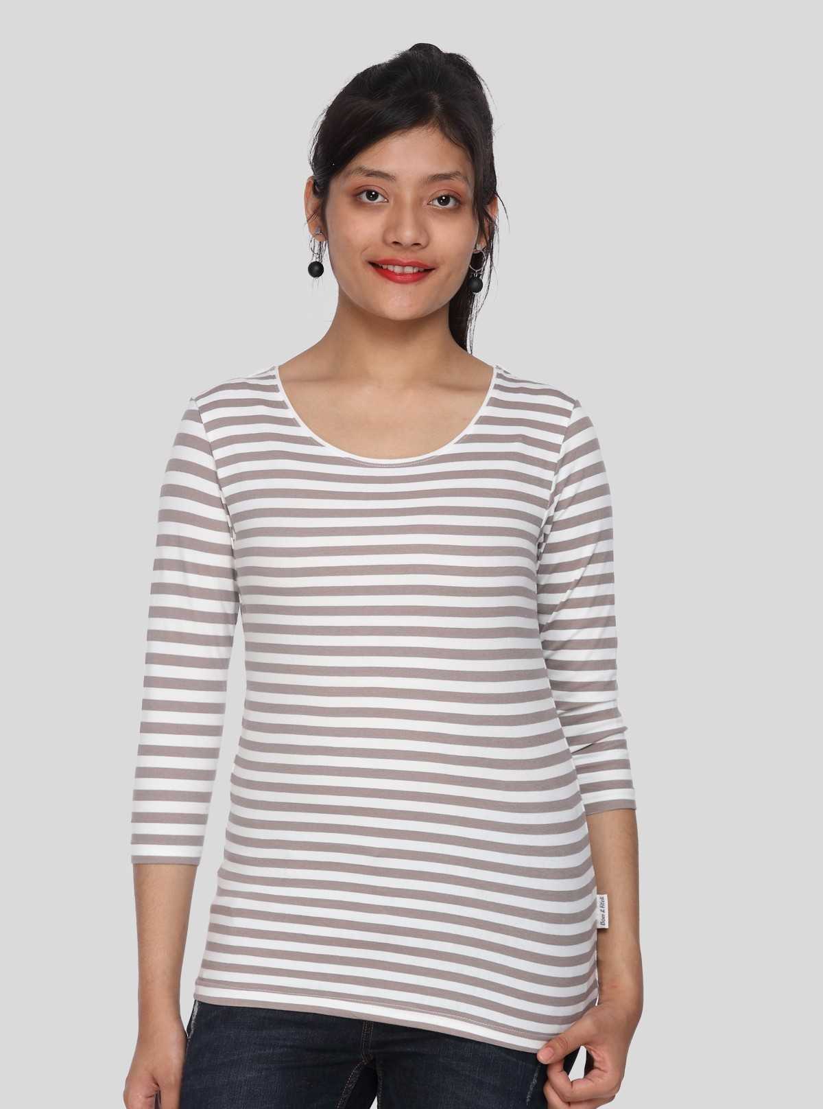 Women's Brown Scoop Neck Striped Long Sleeve Cotton Jersey Top