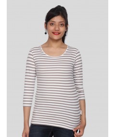 Women's Brown Scoop Neck Striped Long Sleeve Cotton Jersey Top