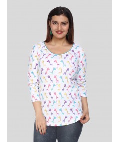 Women's White Scoop Neck Camel Print Long Sleeve Cotton Jersey Top
