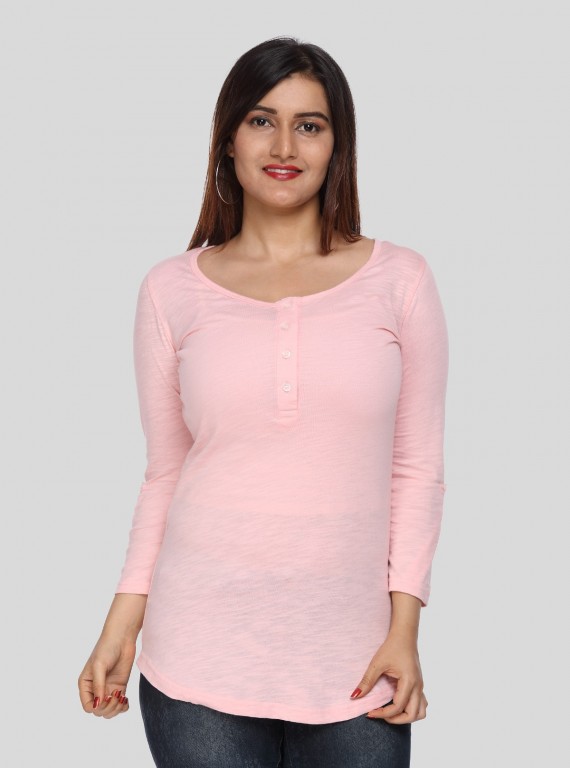 Women's Solid Pink Buttoned Cotton Slub Jersey Long Sleeve Top | Boer & Fitch