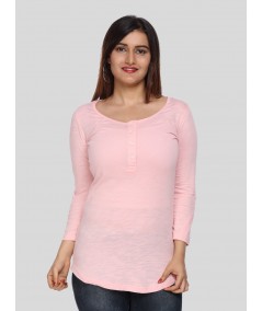 Women's Solid Pink Buttoned Cotton Slub Jersey Long Sleeve Top | Boer & Fitch