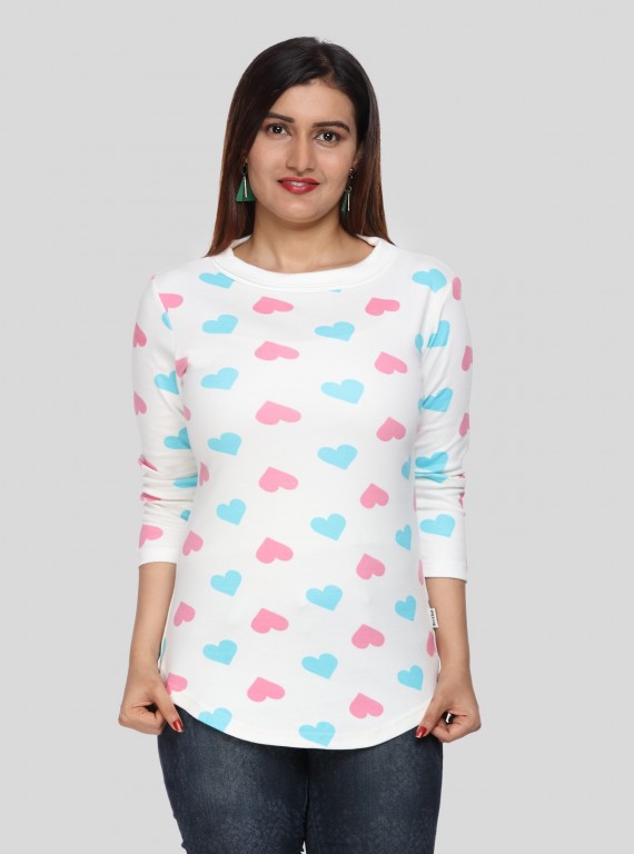 Women's White Heart Print 3/4 Sleeve Cotton Jersey Top | Boer & Fitch