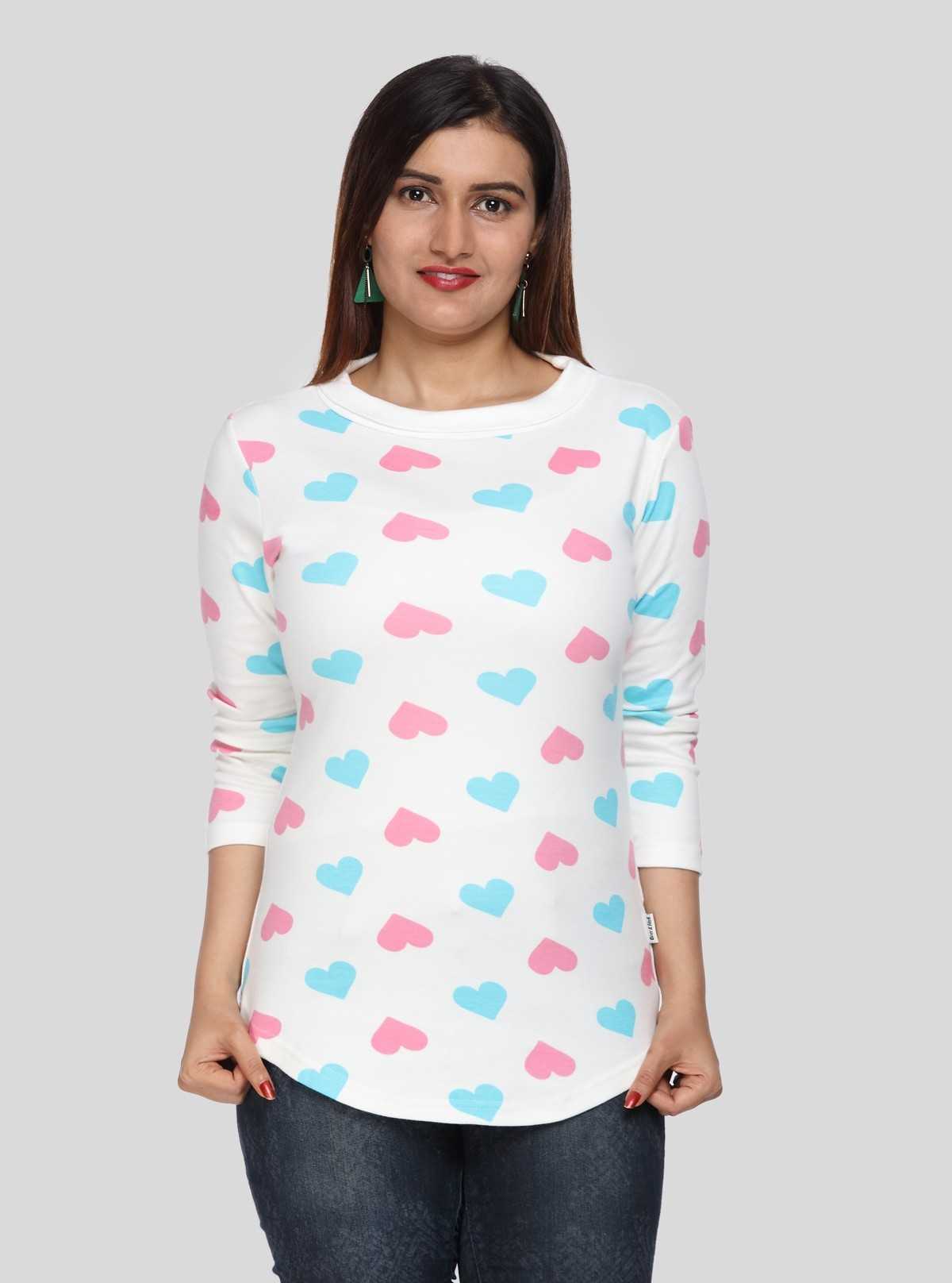 Women's White Heart Print 3/4 Sleeve Cotton Jersey Top | Boer & Fitch