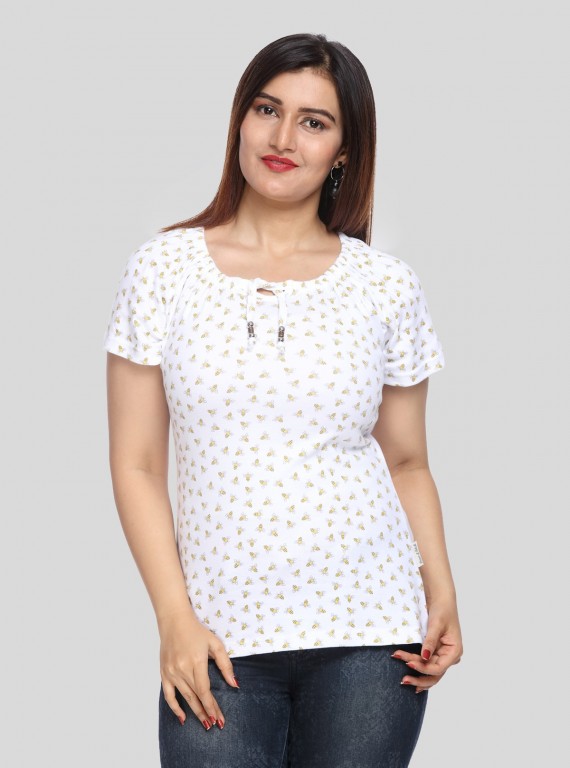 Women’s White Honey Bee Pleated Top – Stylish Casual Wear | Boer & Fitch