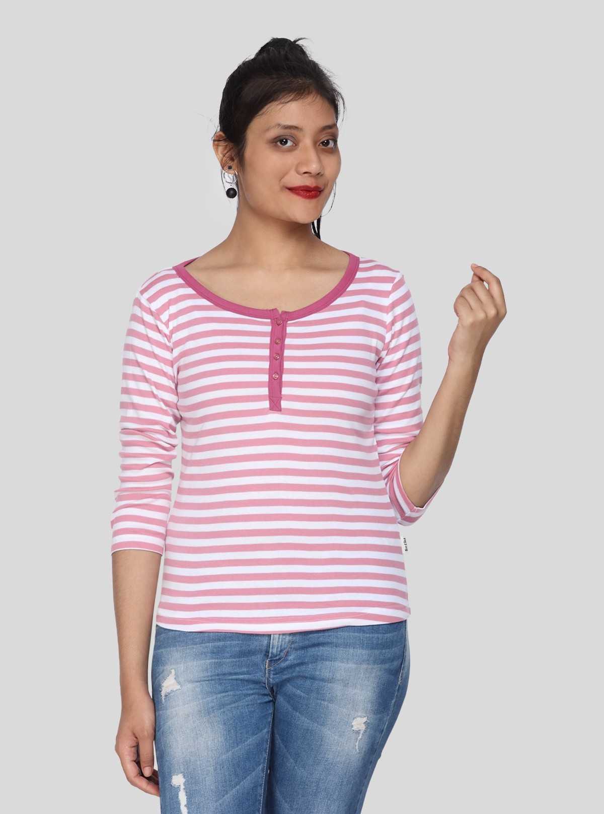 Women's Fuchsia Striped Scoop Neck Top with Front Button | Boer & Fitch