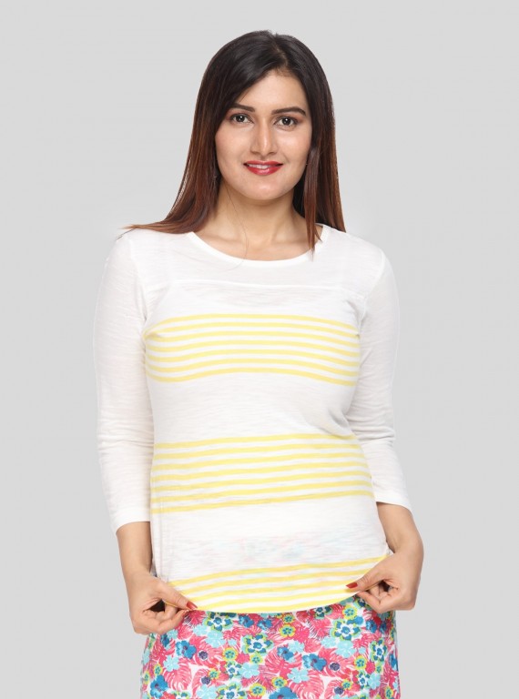 Women's Off-White Scoop Neck Yellow Stripe Long Sleeve Cotton Slub Jersey Top