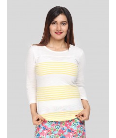 Women's Off-White Scoop Neck Yellow Stripe Long Sleeve Cotton Slub Jersey Top