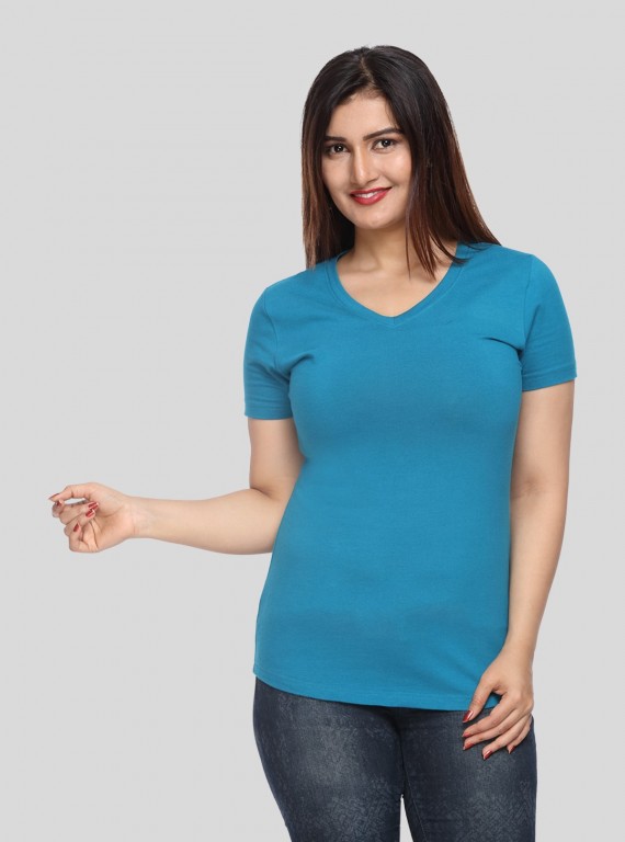Women’s Blue V Neck Short Sleeve Cotton Jersey T-Shirt by Boer and Fitch